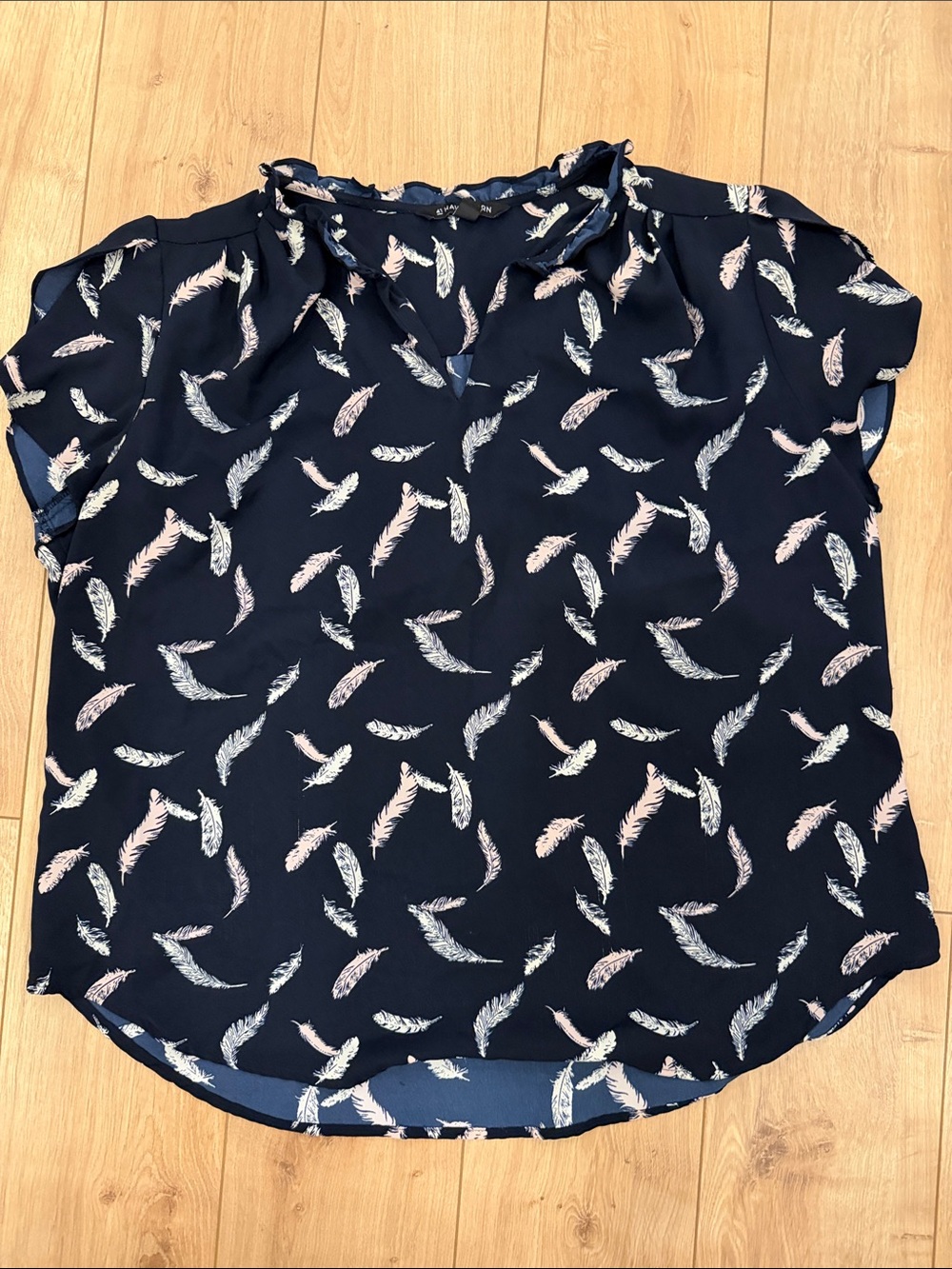 41 Hawthorn Navy Feather-Print Short Sleeve Blouse